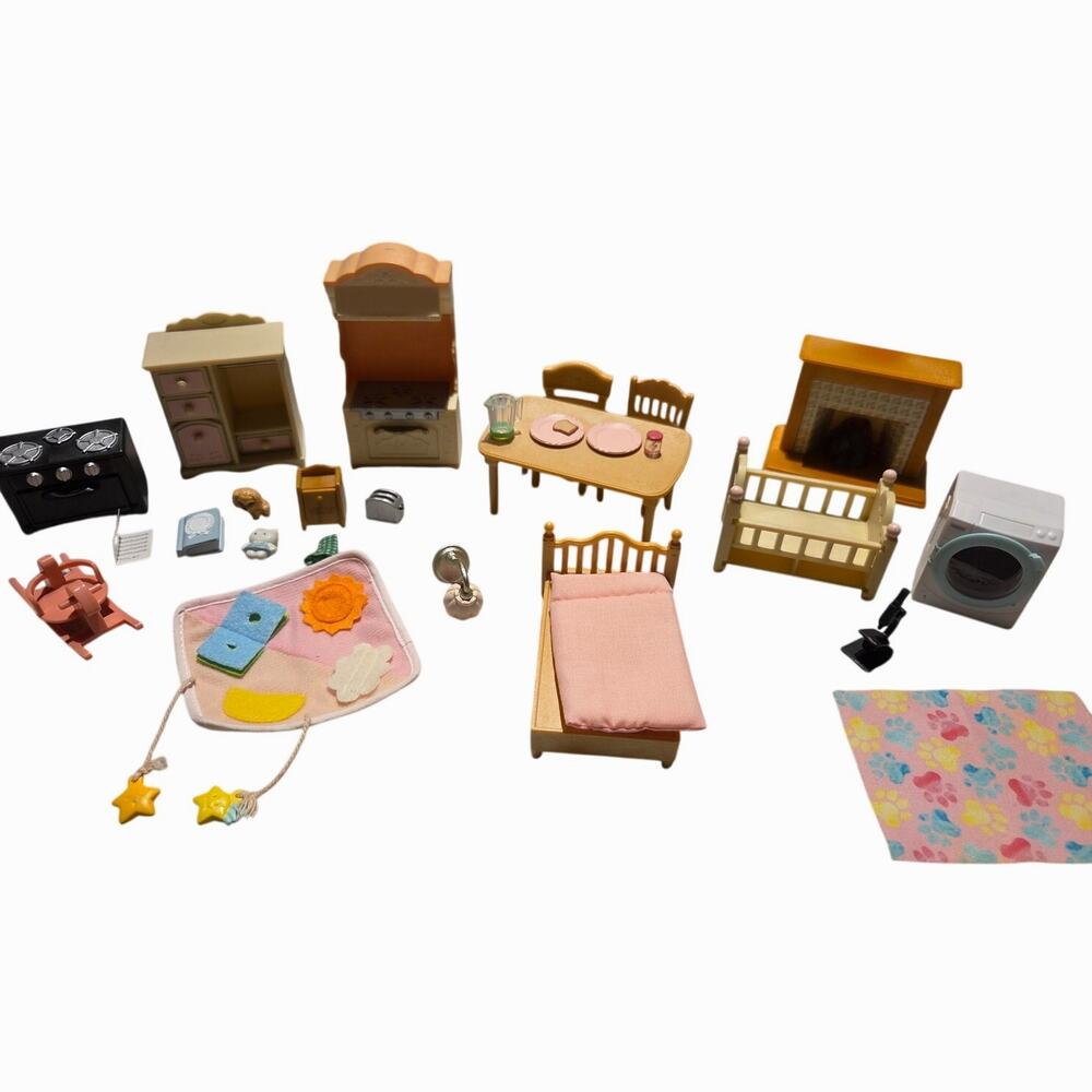 Lot 29 Vtg Doll House Furniture Bed Fireplace Dining Set Bedroom Food